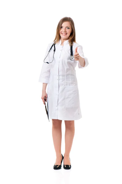 Doctor woman with stethoscope showing thumbs up sign — Stock Photo, Image