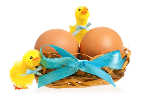 Toy chickens and nest with eggs — Stock Photo, Image