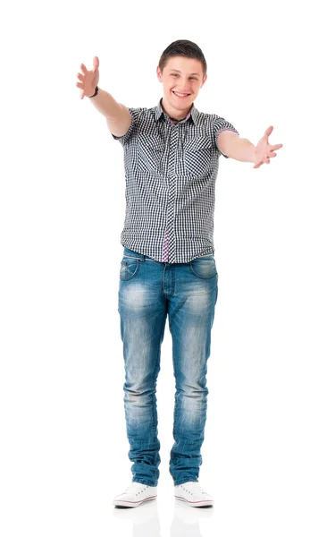 Young man greets with his hands Stock Picture