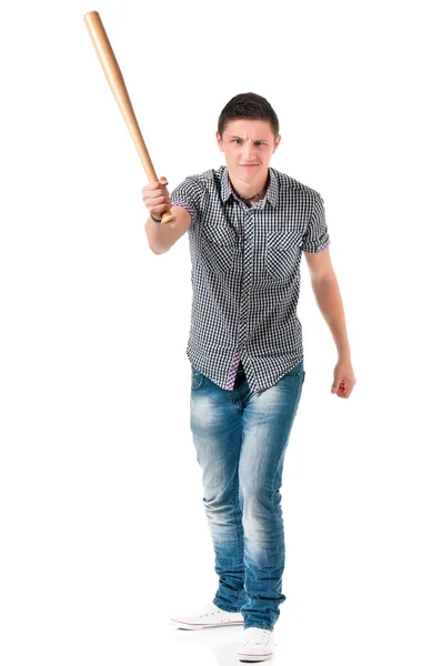 Hombre enojado con bate de béisbol de madera — Foto de Stock