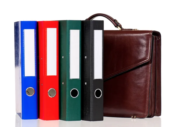 Brown leather briefcase with folders — Stock Photo, Image