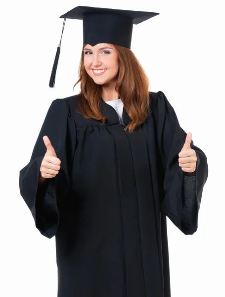 Graduada chica en manto mostrando el pulgar — Foto de Stock