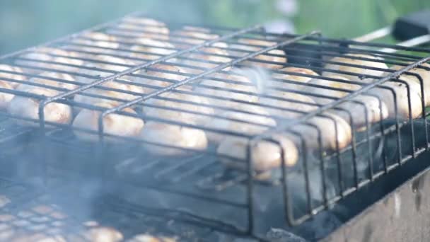 Paddestoelen op barbecue grill — Stockvideo