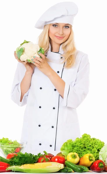 Mujer cocinera con verduras frescas —  Fotos de Stock