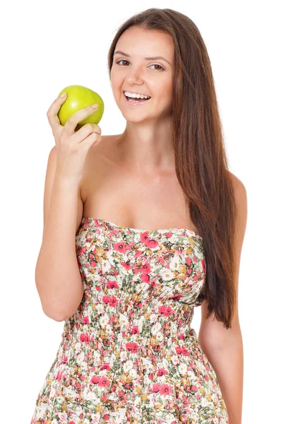 Teen flicka med grönt äpple — Stockfoto