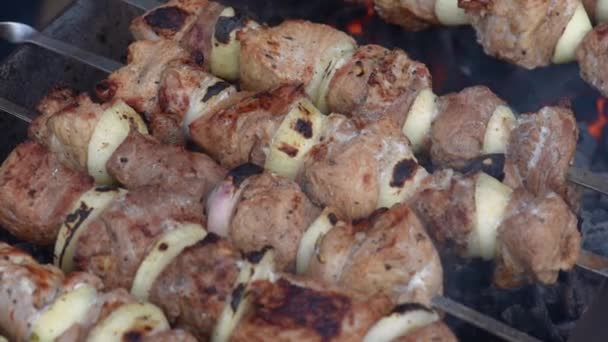 Barbecue with delicious grilled meat — Stock Video