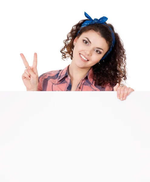 Woman holding signboard — Stock Photo, Image