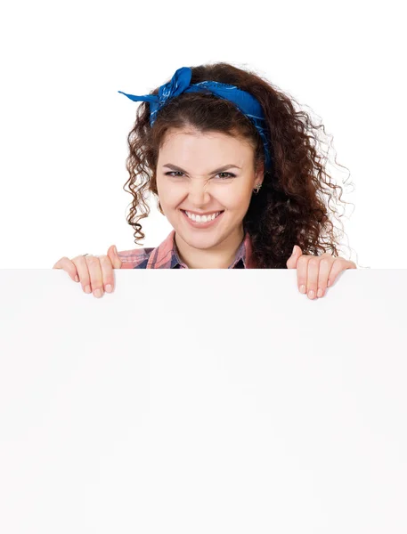 Woman holding signboard — Stock Photo, Image