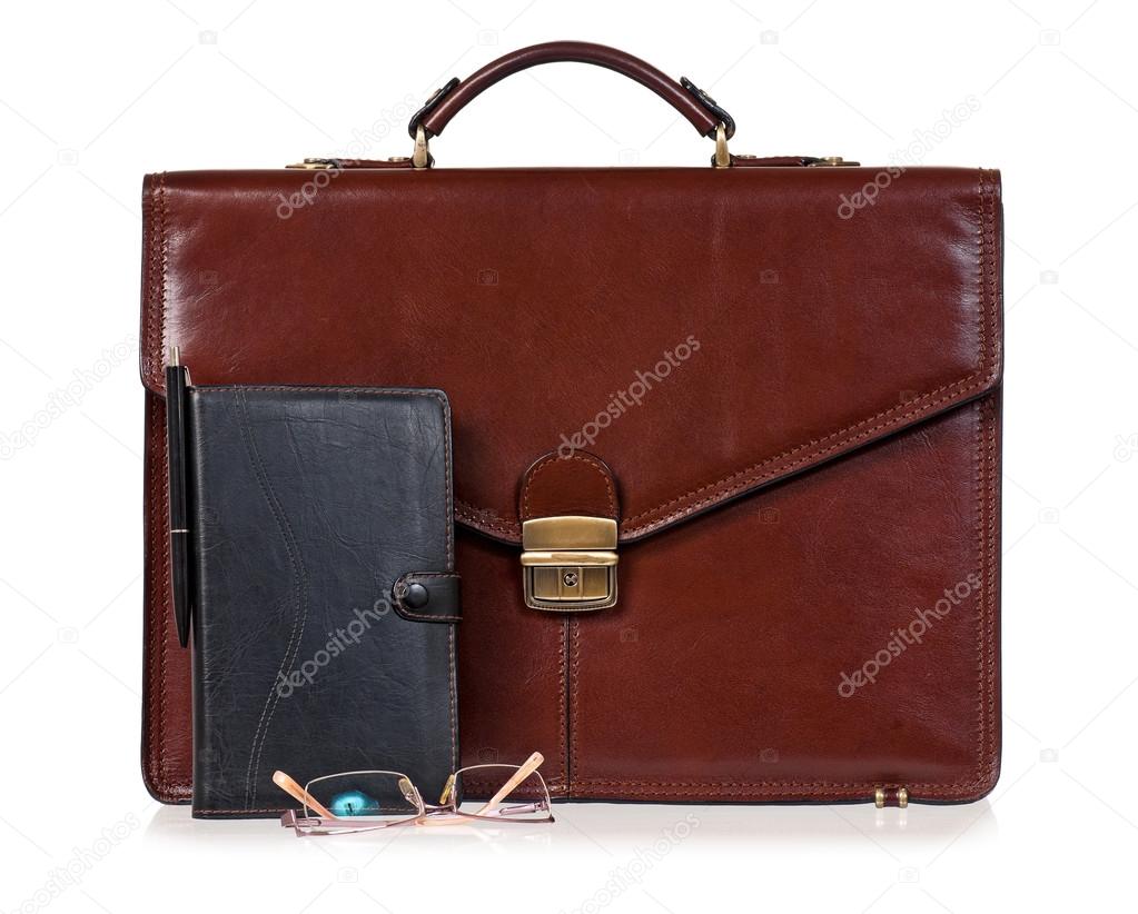Brown briefcase with accessories