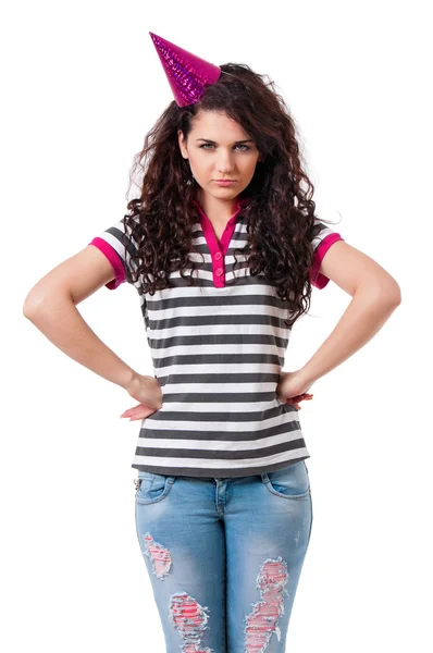 Angry girl with funny hat — Stock Photo, Image