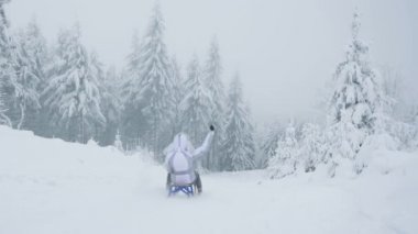 Woman go sledding in winter forest