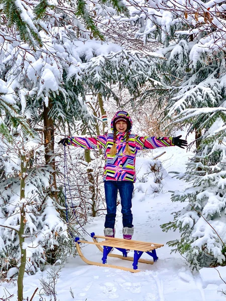 Menina com trenó na floresta de inverno — Fotografia de Stock