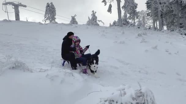 Padre e figlia vanno a slittare — Video Stock