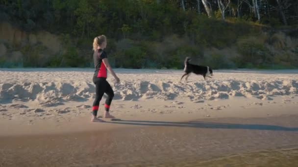 Женщина с собакой на пляже — стоковое видео
