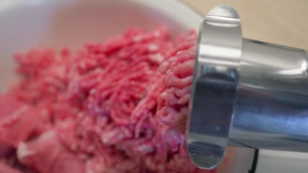 Meat grinder grinds pork meat — Stock Video