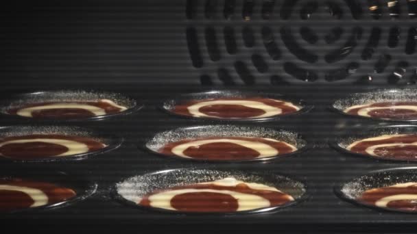 オーブンでチョコレートマフィンのベーキングプロセスの時間の経過 — ストック動画