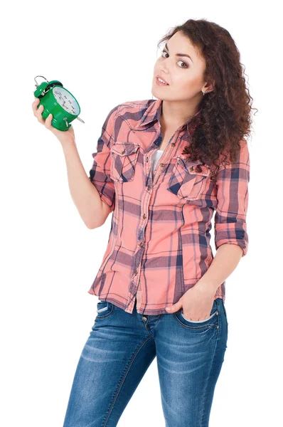 Girl with alarm clock — Stock Photo, Image