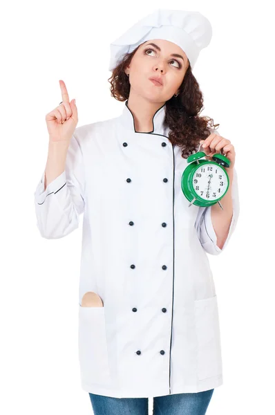 Mujer cocinera con despertador — Foto de Stock