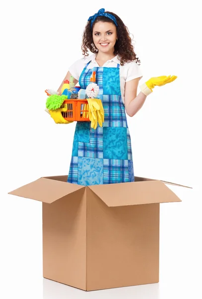 Jovem dona de casa com suprimentos de limpeza — Fotografia de Stock