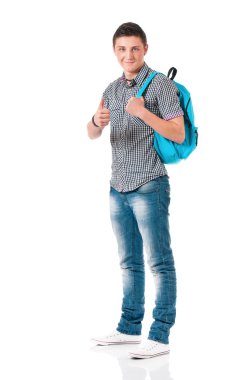 Öğrenci çocuk sırt çantası parmak işaretiyle gösterilen