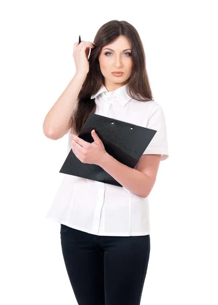 Business woman or teacher holding a clipboard — Stock Photo, Image