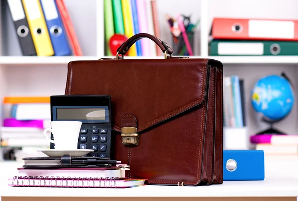 Brown leather briefcase on table — Stock Photo, Image