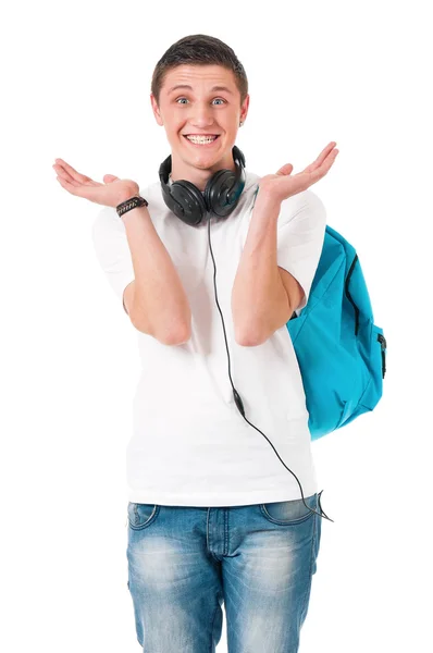 Chlapec student s batohem a sluchátka — Stock fotografie