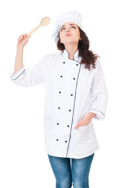 Mujer chef con cuchara de madera — Foto de Stock