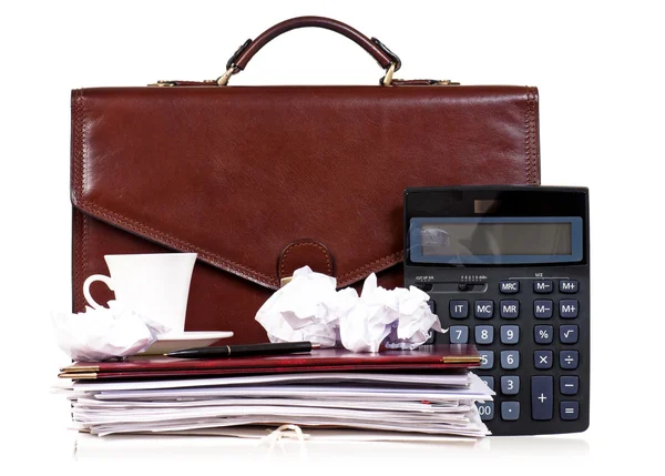 Brown leather briefcase with office accessories — Stock Photo, Image