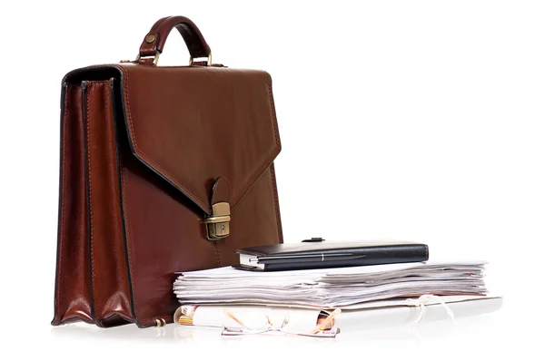 Brown leather briefcase with folders — Stock Photo, Image