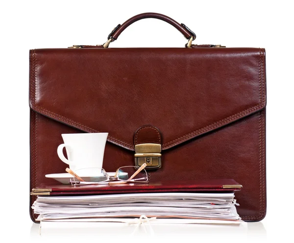 Brown leather briefcase with office accessories — Stock Photo, Image