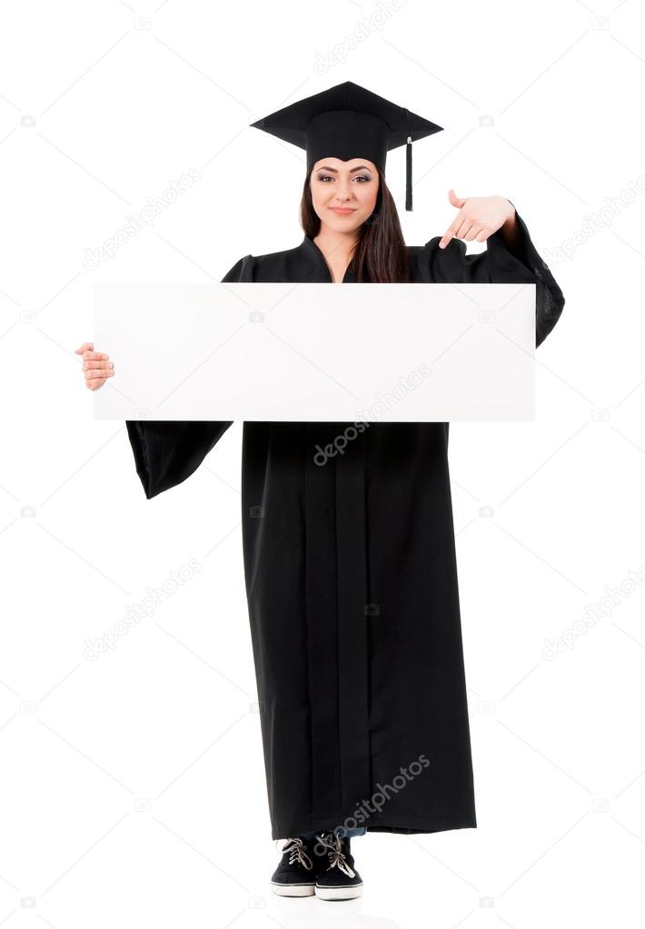 Graduate girl student showing blank