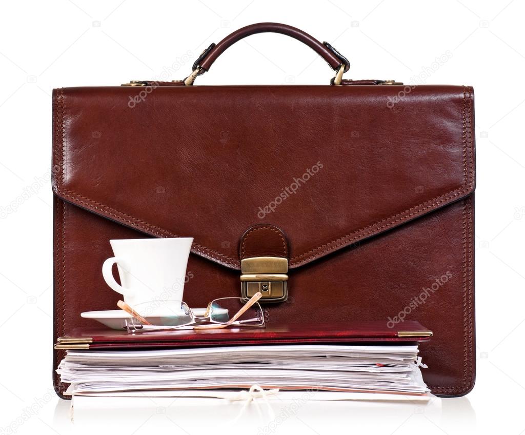 Brown leather briefcase with office accessories