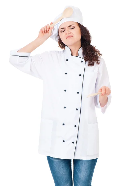 Mujer cocinera con cuchara de madera — Foto de Stock