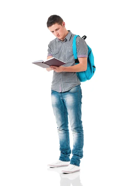 Pojke student med ryggsäck och anteckningar — Stockfoto