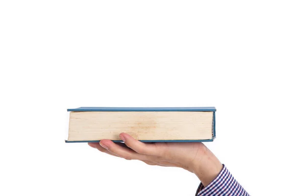 Männliche Hand Hält Ein Buch Isoliert Auf Weißem Hintergrund — Stockfoto