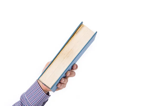 Mano Masculina Sosteniendo Libro Aislado Sobre Fondo Blanco — Foto de Stock