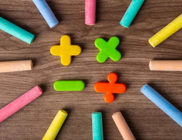 Mathematical Math Symbols Color Chalks Wooden Background — Stock Photo, Image