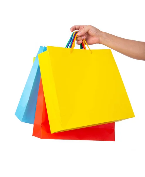 Hand Houden Veelkleurige Papieren Zakken Geïsoleerd Wit Shopping Concept — Stockfoto