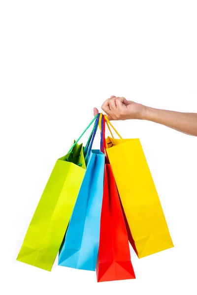 Hand Houden Veelkleurige Papieren Zakken Geïsoleerd Wit Shopping Concept — Stockfoto