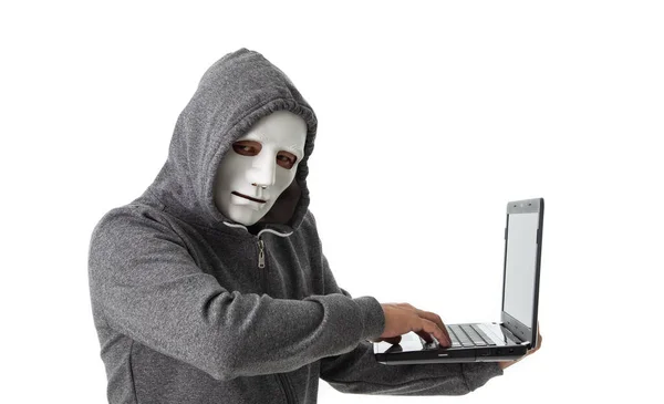 Hacker Profissional Com Laptop Isolado Fundo Branco — Fotografia de Stock