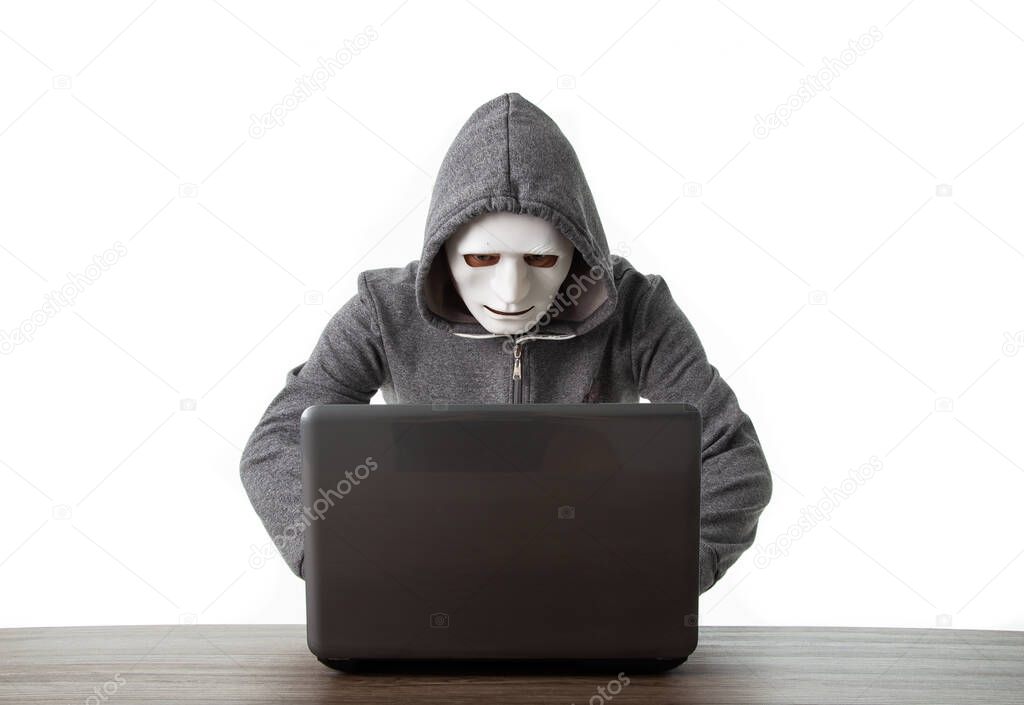 Professional hacker with laptop isolated on white background