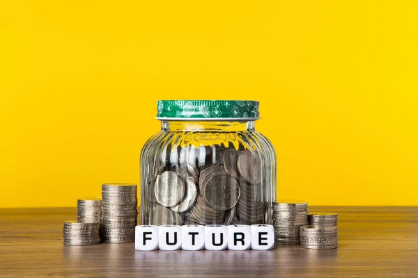 Lot Coins Glass Money Jar Yellow Background Saving Future Concept — Stock Photo, Image