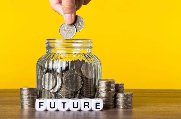 Lot Coins Glass Money Jar Yellow Background Saving Future Concept — Stock Photo, Image