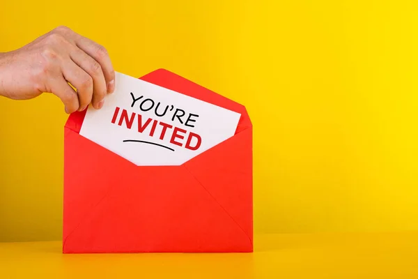 You Invited Concepts Hand Holding Card Red Envelope Stock Photo