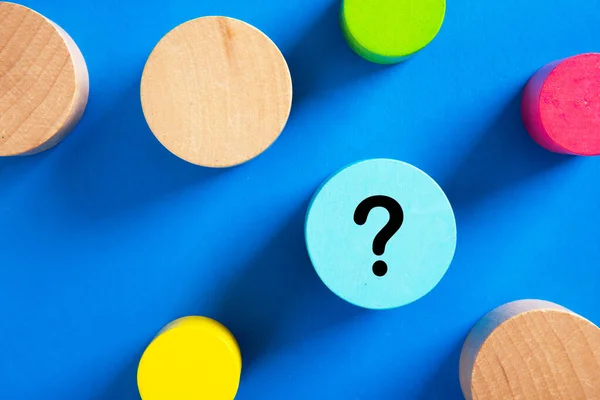 Question Mark Icon Blue Wooden Block Blue Background Mystery Uncertainty — Stock Photo, Image
