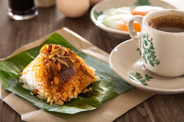 Common Oriental Breakfast Set Malaysia Consisting Coffee Nasi Lemak Toast — Stock Photo, Image