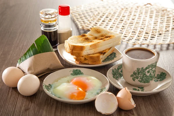 Desayuno Oriental Común Malasia Que Consta Café Nasi Lemak Pan — Foto de Stock