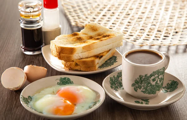 Desayuno Oriental Común Malasia Que Consta Café Nasi Lemak Pan — Foto de Stock