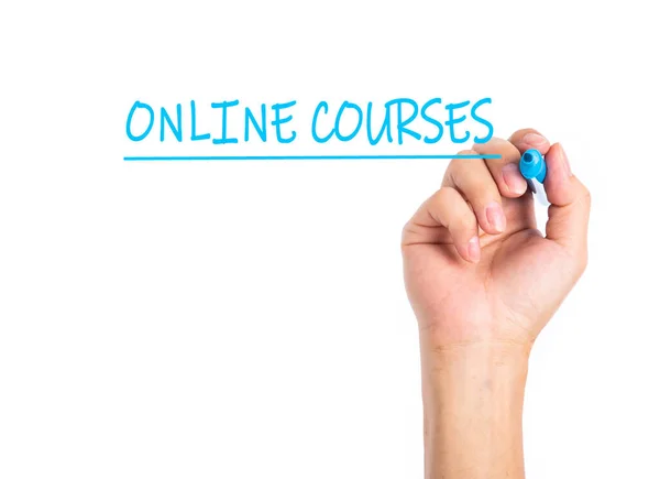 Бизнесмен Пишет Руки Online Courses Прозрачной Плате — стоковое фото
